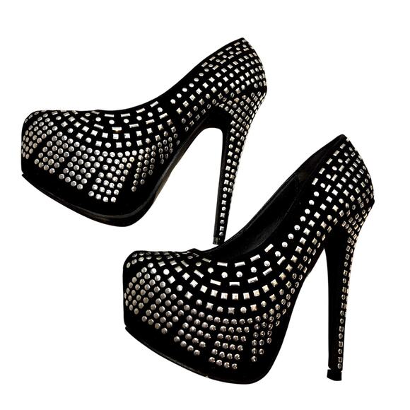 Just Fab 7 Studded Platform Women's Black Stiletto 6 Inch High Heels Shoes - Picture 1 of 8